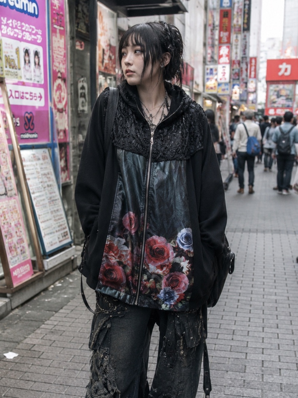 Romantic Black Japanese Floral Mixed Media Oversizes Zip Coat
